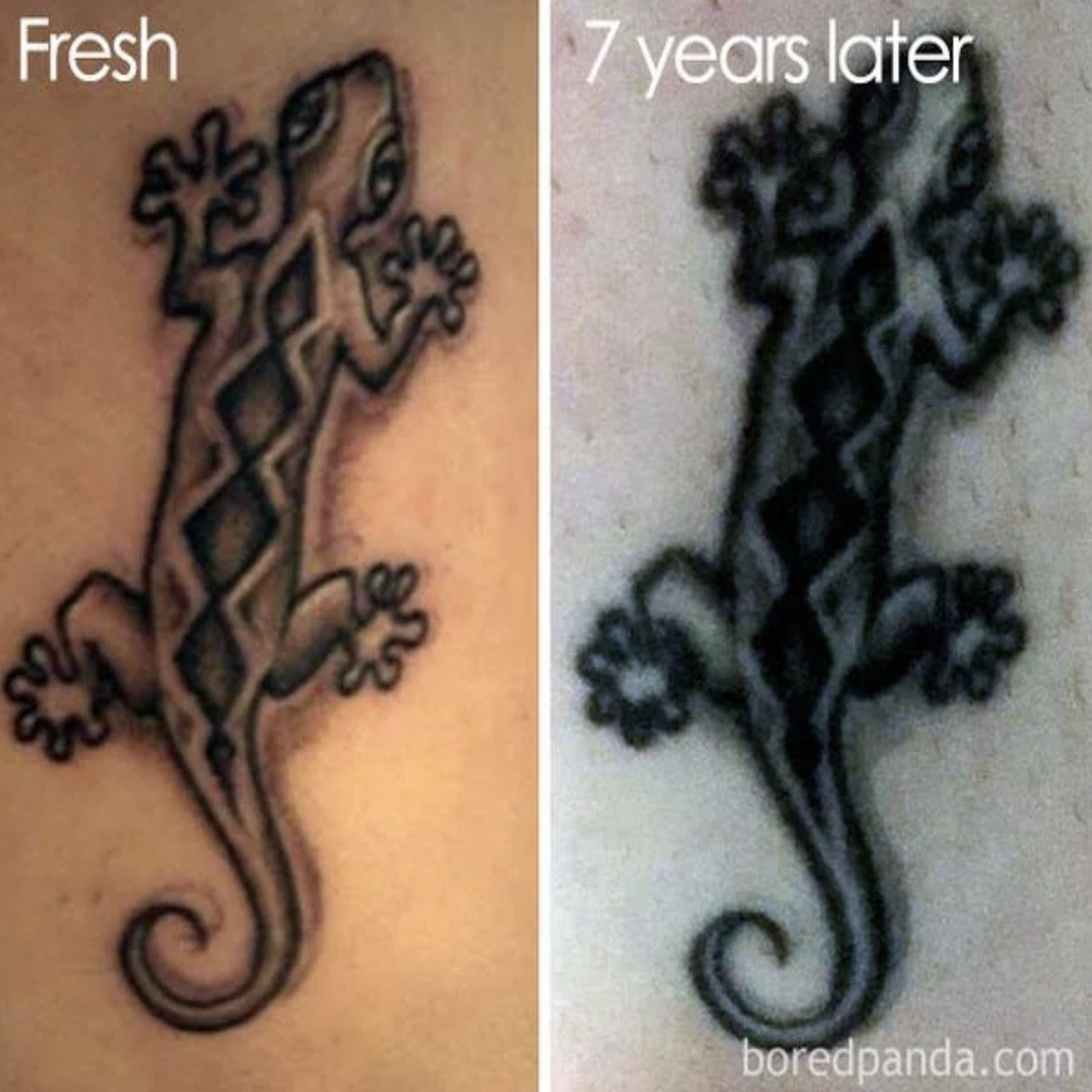 Zbyt mały tatuaż względem szczegółów, rozlanie tatuażu