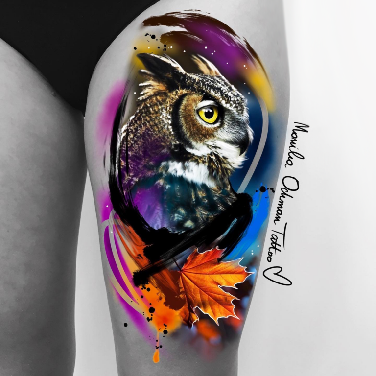 Projekt tatuażu realistyczno-malarskiego sowy autorstwa Moniki Ochman Tattoo z Łodzi.